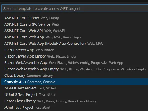 .NET new project command in Command Palette