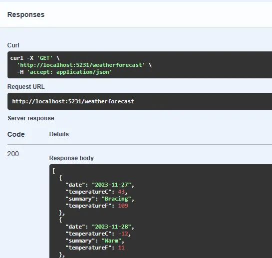 Weatherforecast endpoint response